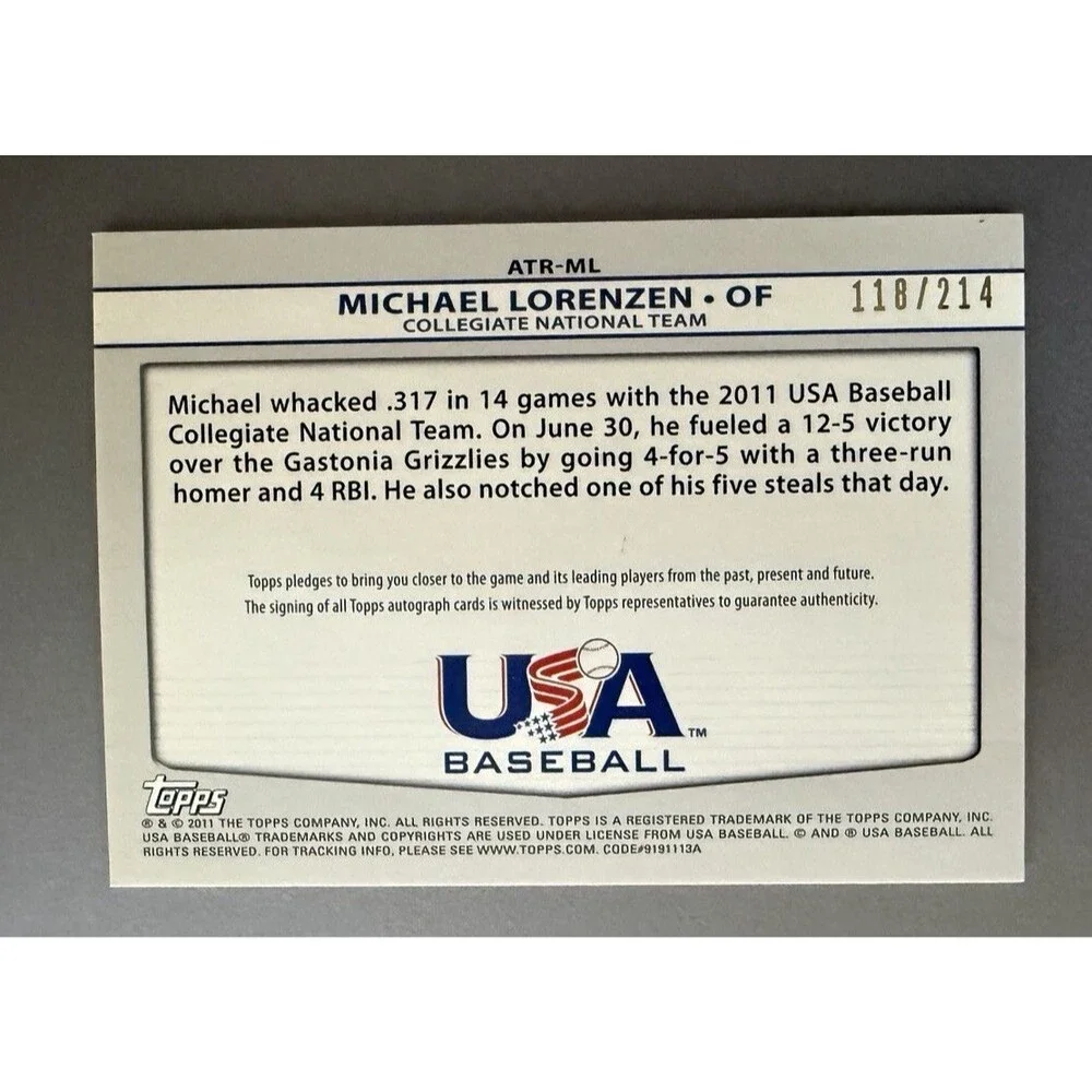 2011 Topps USA Michael Lorenzen Triple Jersey Patch Auto /214 #ATR-ML Collegiate